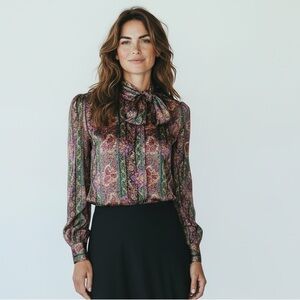 Ladies long sleeve silky blouse Size 10 small shoulder pads festive Mardi Gras!